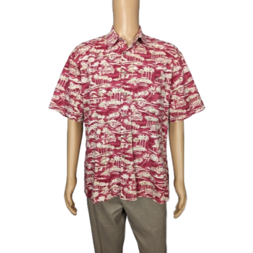 Pierre Cardin Red Hawaiian Classic Car Print Button Down Shirt L